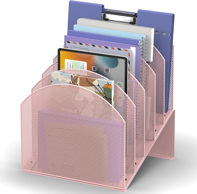 ReePlan Desk File Organizer, Vertical File Folder Organizer with 5-Section, Document & Record Holder and Storage for Home Office School, Pink - Image 1